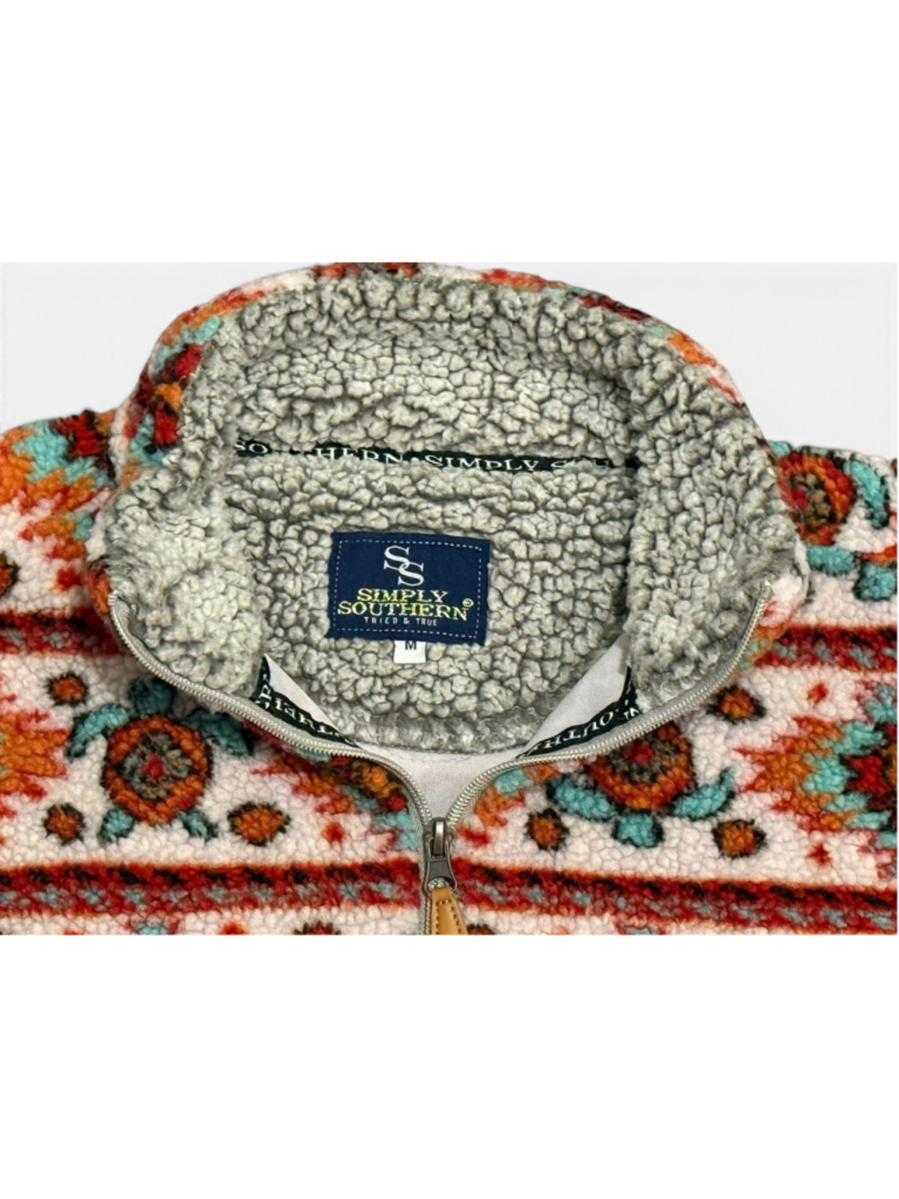 Simply Southern Women's Sherpa Fleece Pullover Aztec Southwestern 1/4 Zip Gray M - Picture 4 of 10